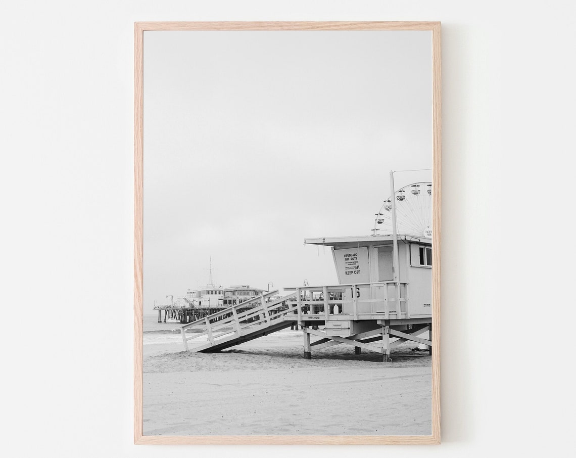 Santa Monica Pier Black and White Lifeguard Tower Beach Photo Poster