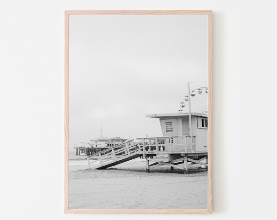 Santa Monica Pier Black and White Lifeguard Tower Beach Photo Poster