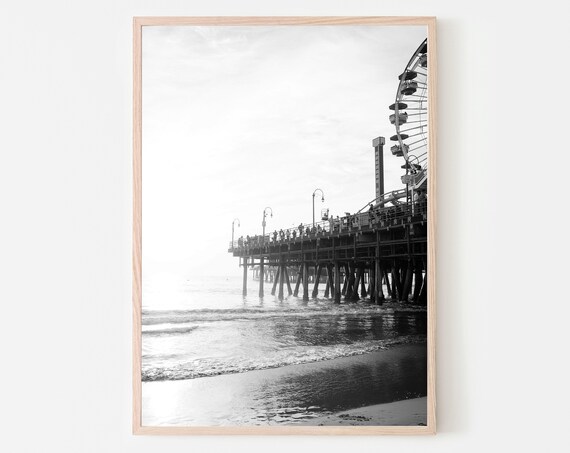 Black and White Pier Ferris Wheel Photography Poster Seaside Nostalgia