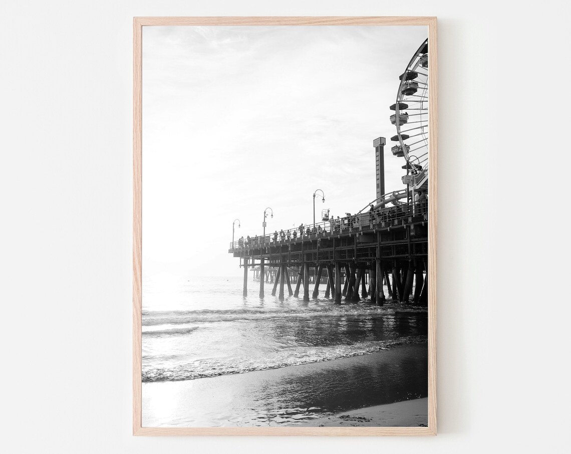 Black and White Pier Ferris Wheel Photography Poster Seaside Nostalgia