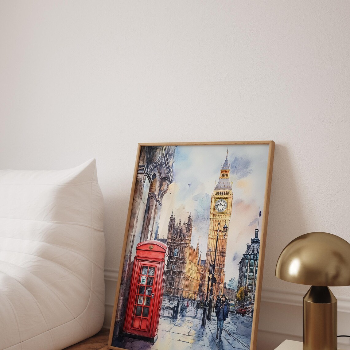 London Big Ben Watercolor Poster With Red Telephone Booth Street Scene