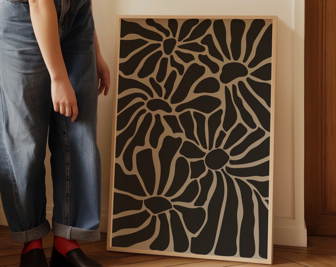 Black White Abstract Floral Pattern Modern Graphic Wall Poster