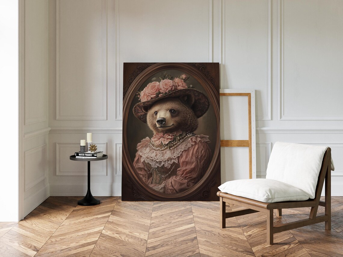 Victorian Bear Lady Portrait Floral Hat Pearls Pink Dress Whimsical Animal Poster - Image 3