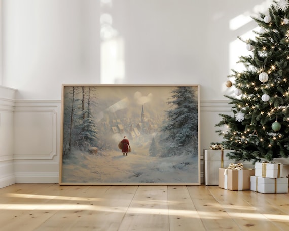 Vintage Santa Walking Through a Snowy Village at Dusk Poster