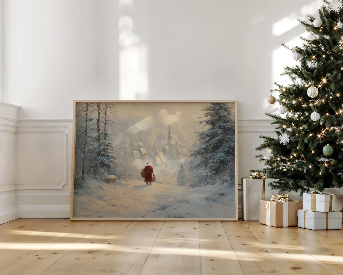 Vintage Santa Walking Through a Snowy Village at Dusk Poster