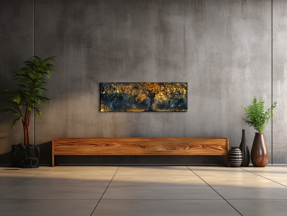 Majestic Black And Gold Tree Panoramic Art Print - Image 7