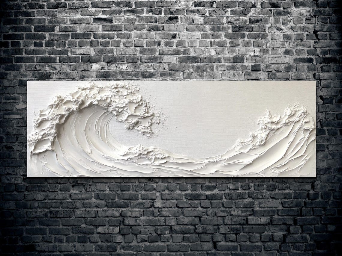 White Textured Ocean Wave Minimalist Panoramic Relief Art Poster - Image 2