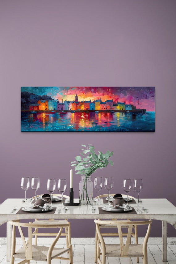 Colorful Painting Style Fishing Village Wall Art Print Panoramic Wall Decor Livingroom Ready To Hang Nature Decor Sunrise Sunset