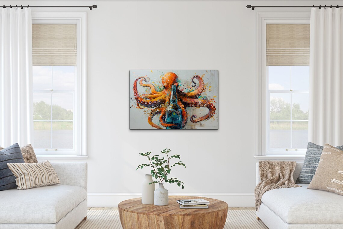 Octopus Painting Wall Art On Nautical Seascape Artwork Gallery Wrap Stretched On Ready To Hang - Image 5