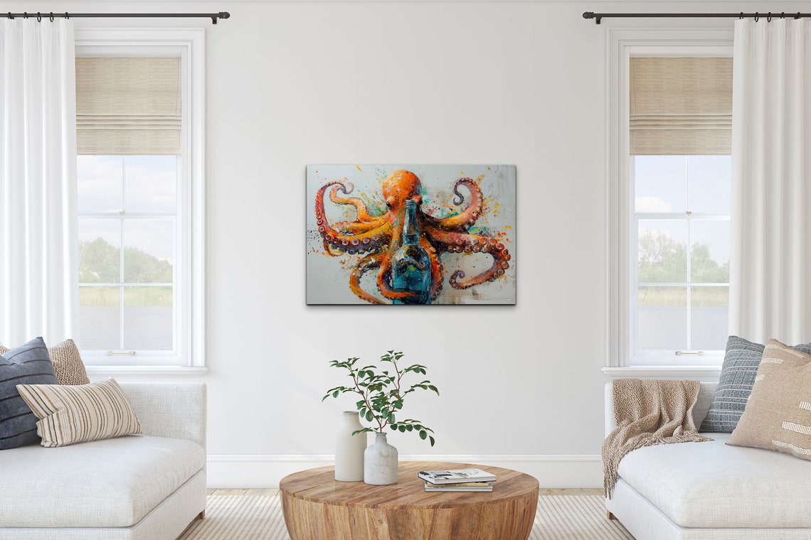 Vibrant Orange Octopus With Blue Bottle Splash Paint Ocean Wall Art - Image 5