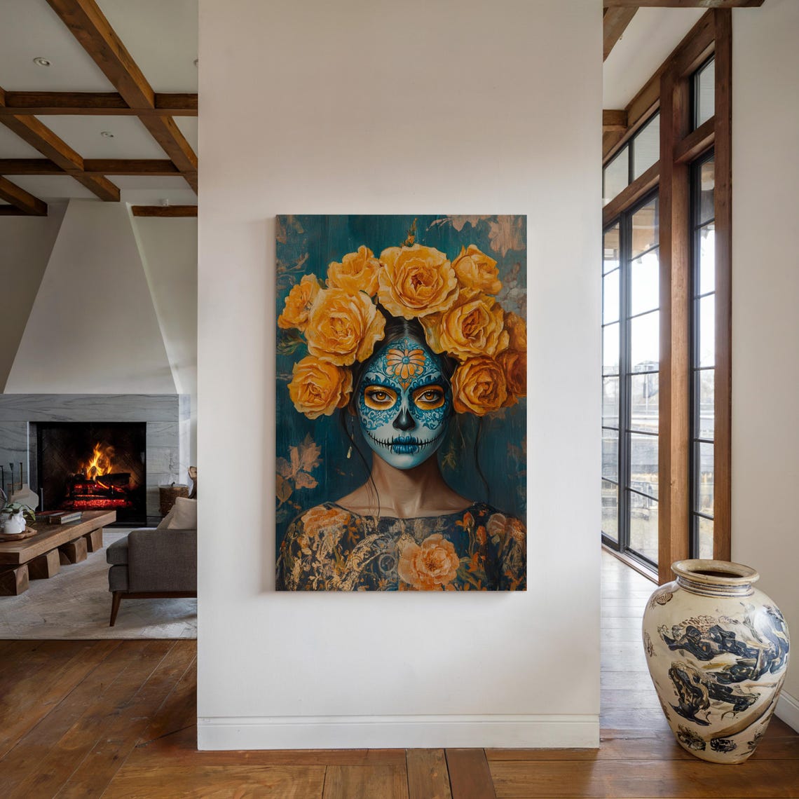 Blue Sugar Skull Golden Rose Crown Day Of Dead Elegant Poster - Image 4