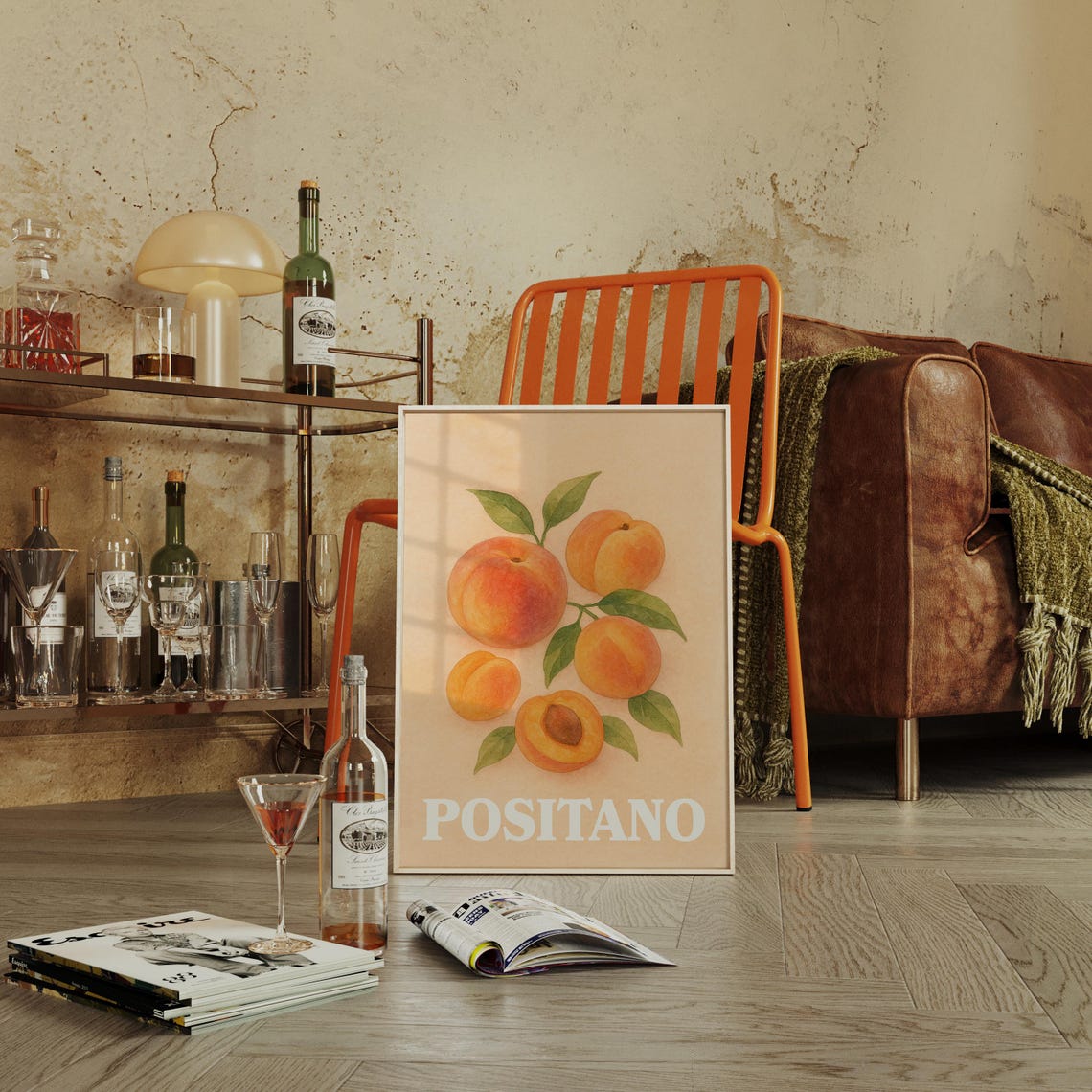 Positano Watercolor Peach Travel Poster Italian Fruit Retro Decor