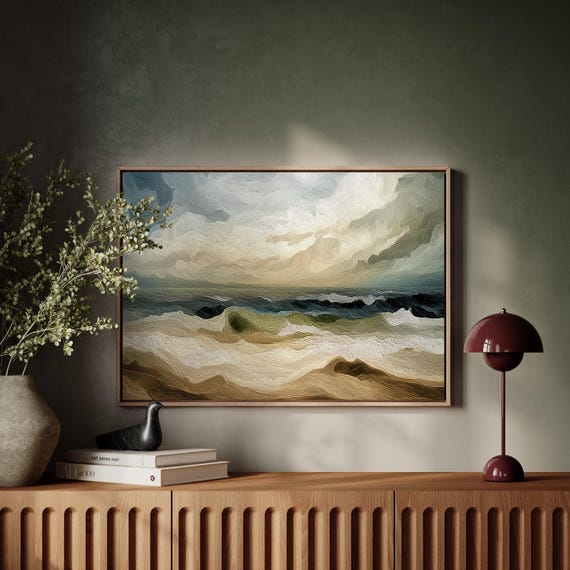 Ocean Wave Wall Art Moody Seascape With Stormy Sky And Textured Brush Strokes In Coastal Oil Painting Style