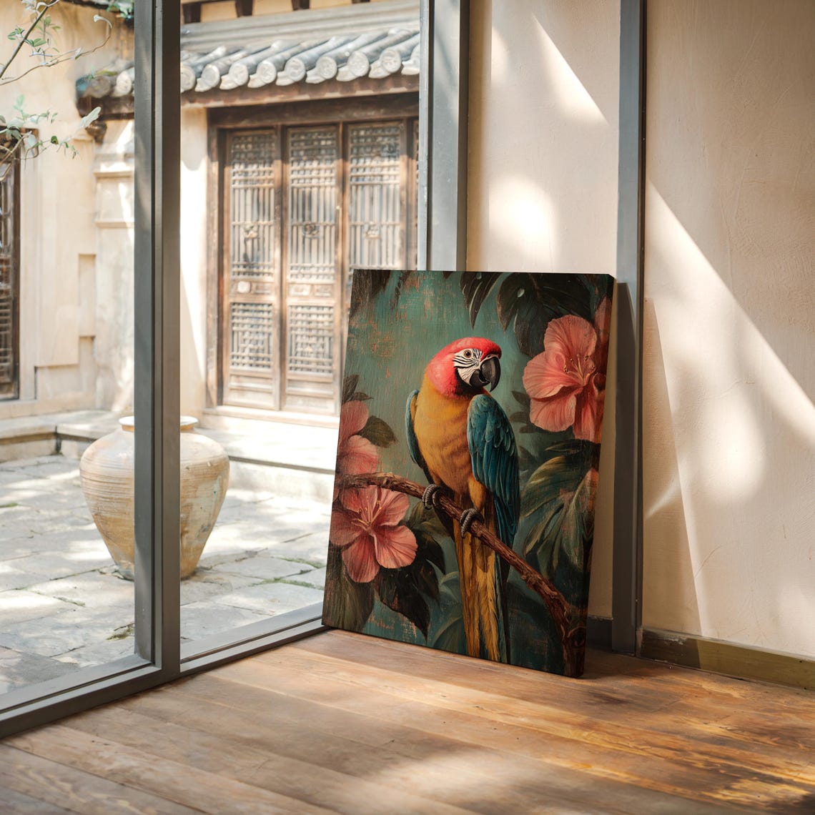 Scarlet Macaw Perched on a Branch With Pink Hibiscus Blooms Poster - Image 4