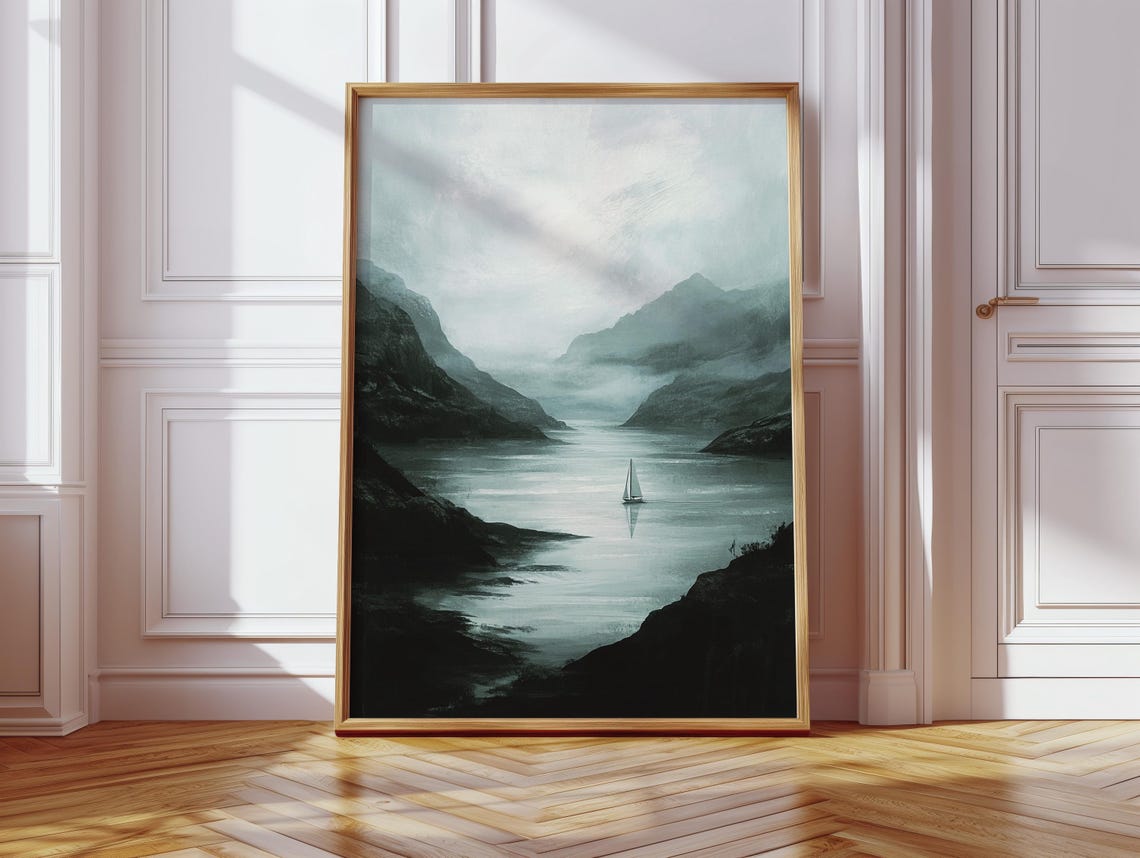 Moody Mountain Lake With Sailboat Misty Minimalist Landscape Wall Art Serene Nature Poster For Calm Rustic Decorv - Image 3