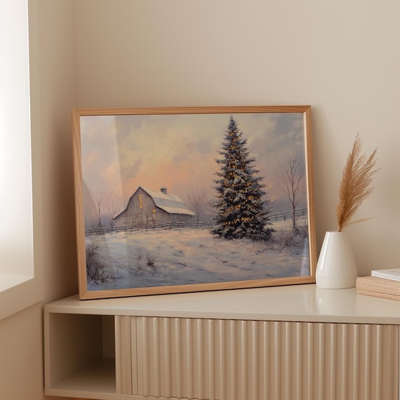 Rustic Snowy Barn With Lit Christmas Tree Winter Farmhouse Poster