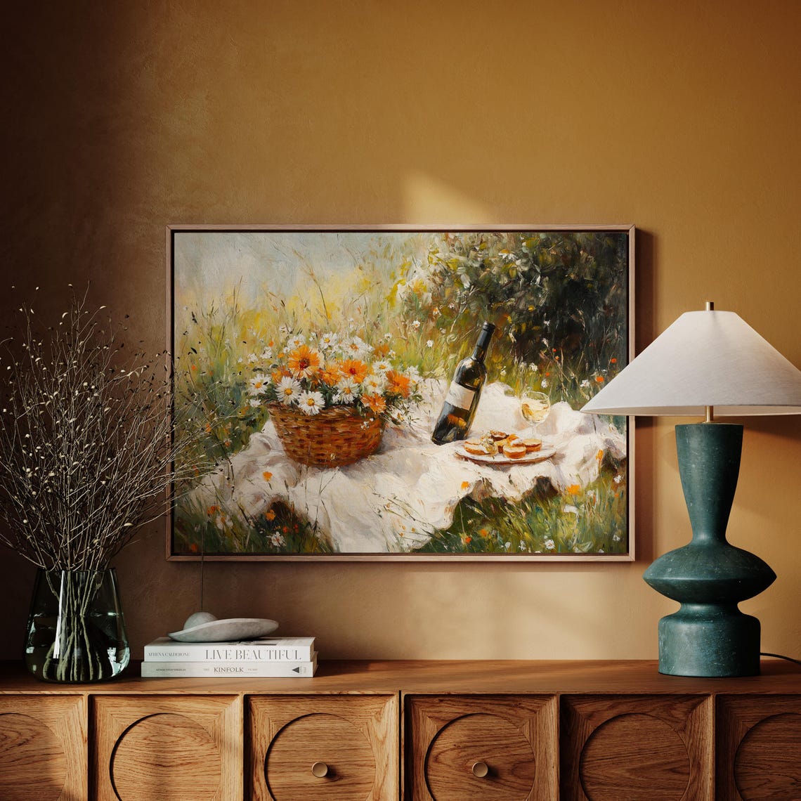 Meadow Picnic Basket Of Wildflowers Wine And Snacks Wall Art - Image 4