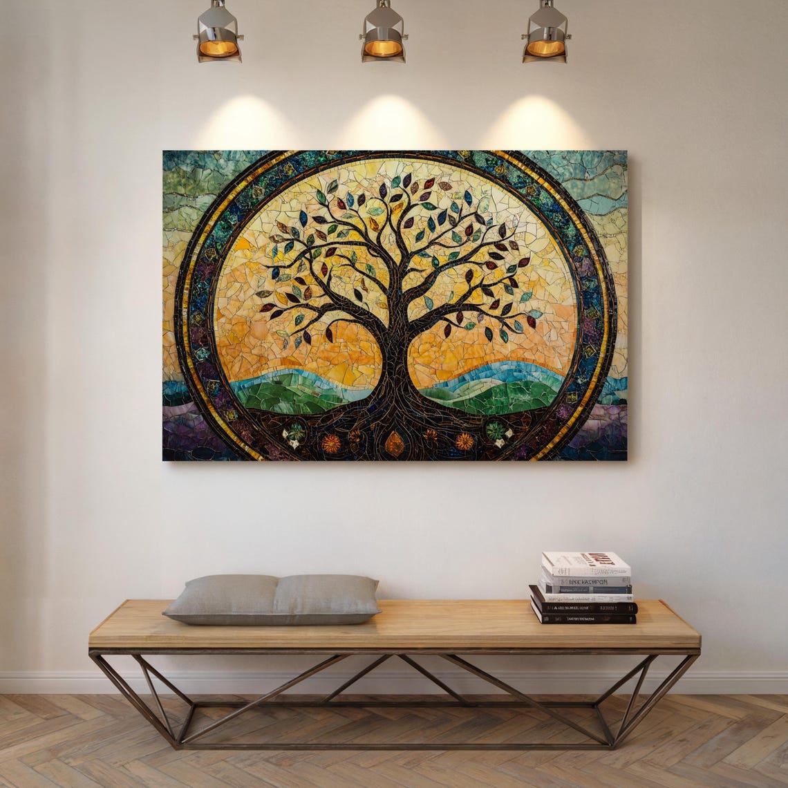Stained Glass Tree Of Life Mosaic In Golden Sunset Circle Poster - Image 7