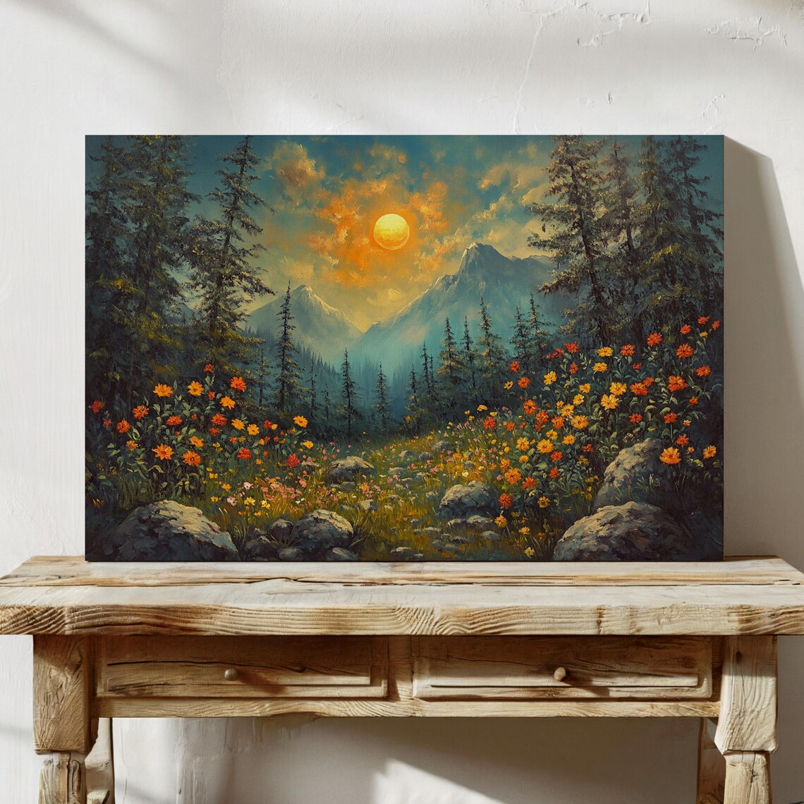 Sunlit Mountain Landscape, Rustic Nature Decor