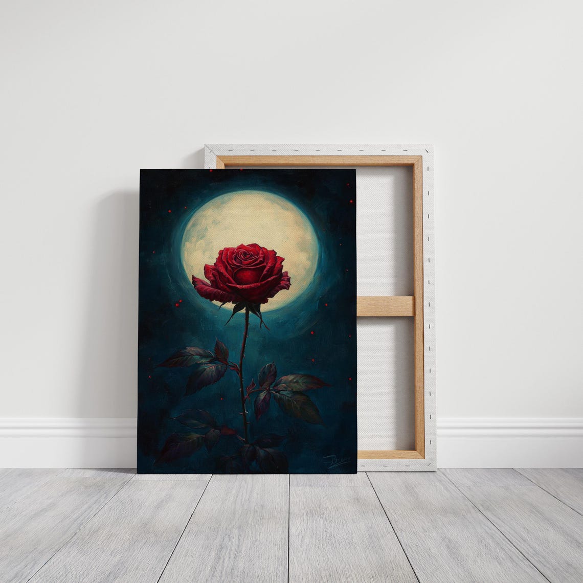 Single Red Rose Glowing Full Moon Night Dramatic Floral Poster - Image 3