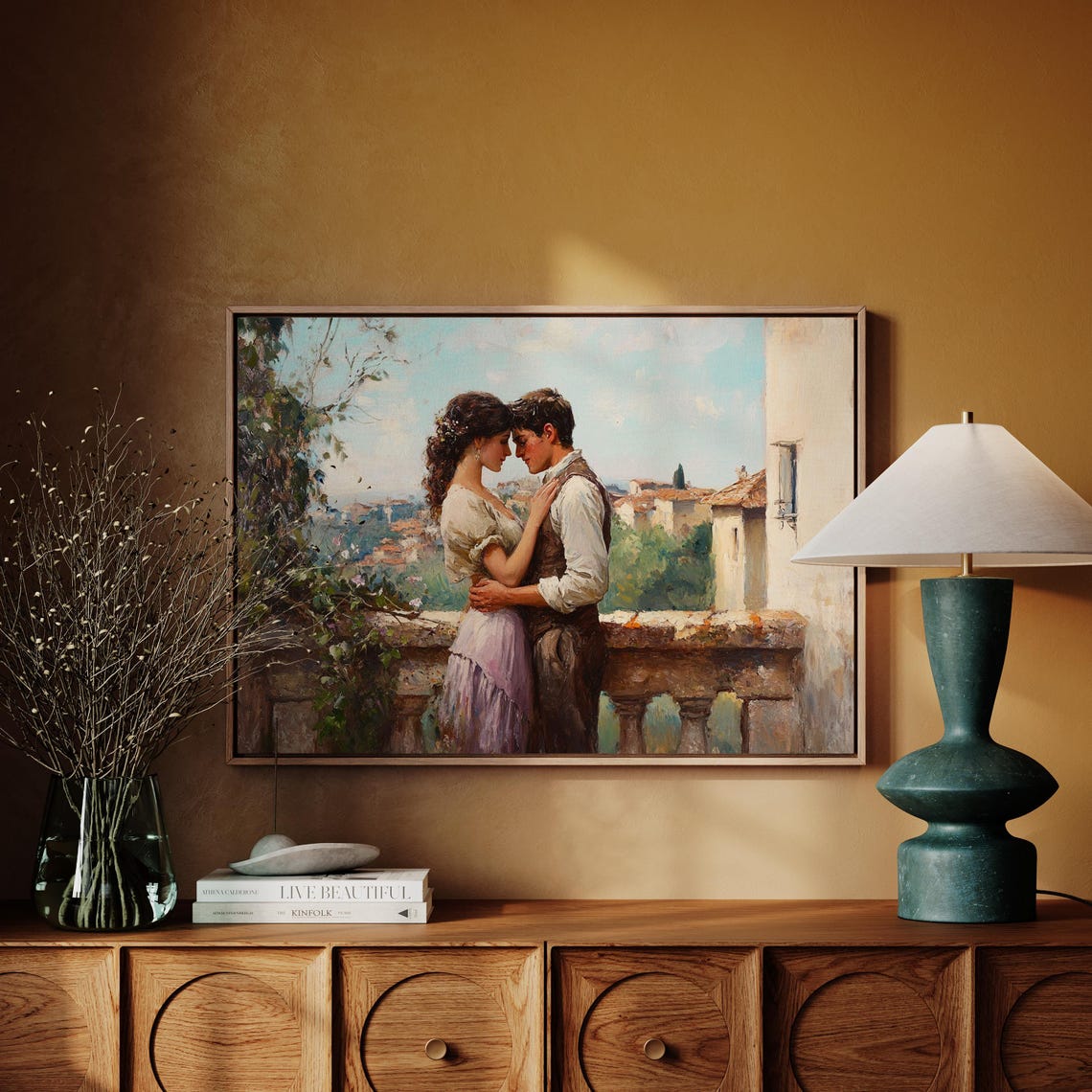 Young Couple Embracing On Balcony Overlooking Italian Town Wall Art