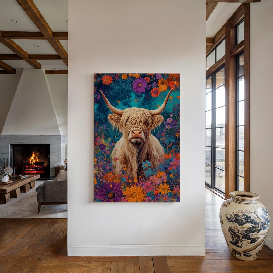 Highland Cow With Wildflowers, Rustic Farmhouse Decor - Image 3
