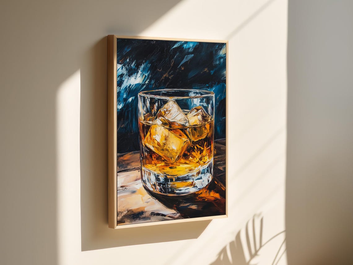Whiskey Glass on the Rocks Moody Oil Painting Bar Wall Poster