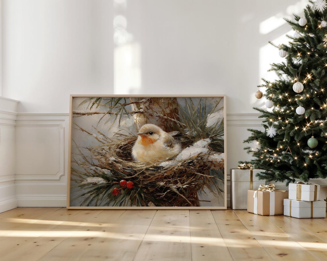 Winter Bird Nesting In Snowy Pine Branches Red Berries Bird Art Poster
