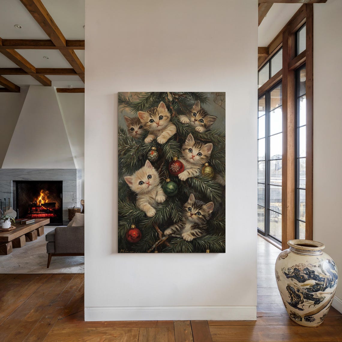 Adorable Kittens Hiding Christmas Tree Branches Festive Poster - Image 4