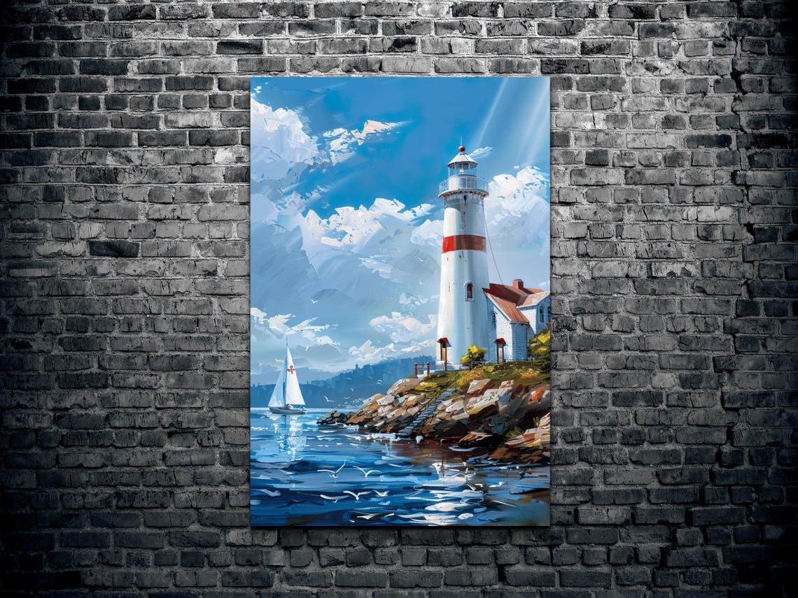 White Lighthouse With Red Band Rocky Shore Ocean Painting Poster - Image 2