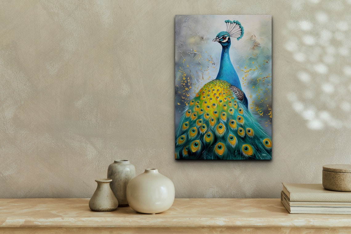 Peacock Full Plumage Textured Painting Turquoise Gold Bird Poster - Image 4