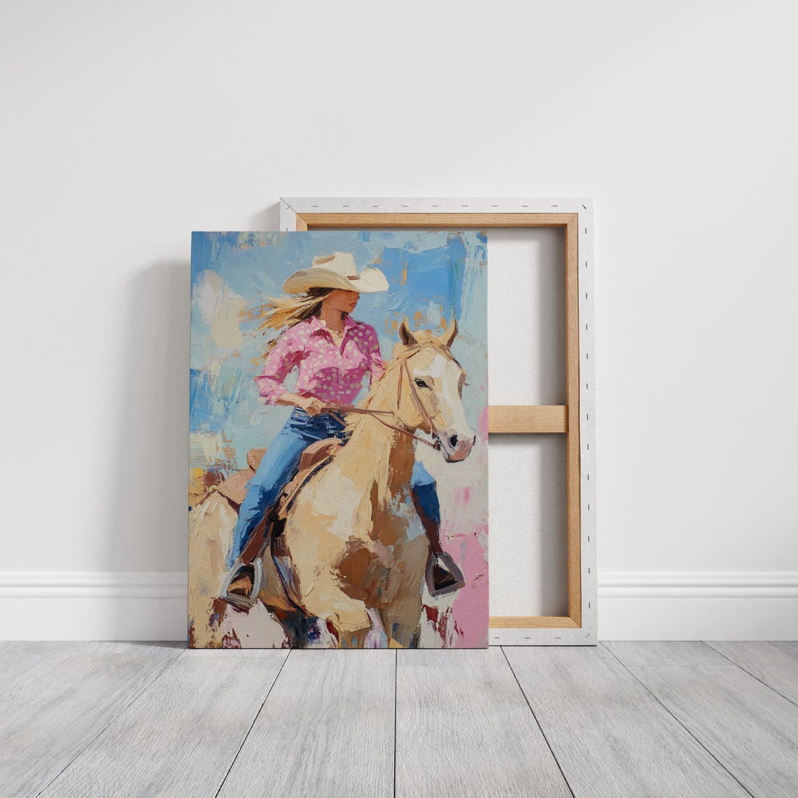 Western Cowgirl Art Bold Acrylic Painting Of Woman On Horse With Pink Shirt Rustic Ranch Decor For Country Style Homes - Image 3