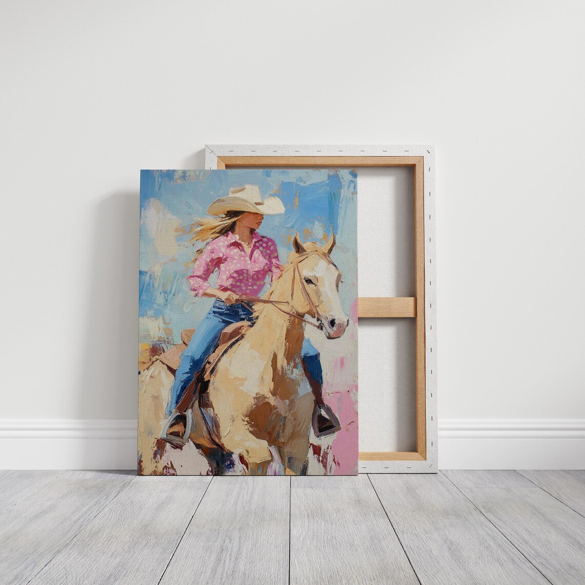 Western Cowgirl On Horseback Pink Polka Dot Shirt Country Poster - Image 3