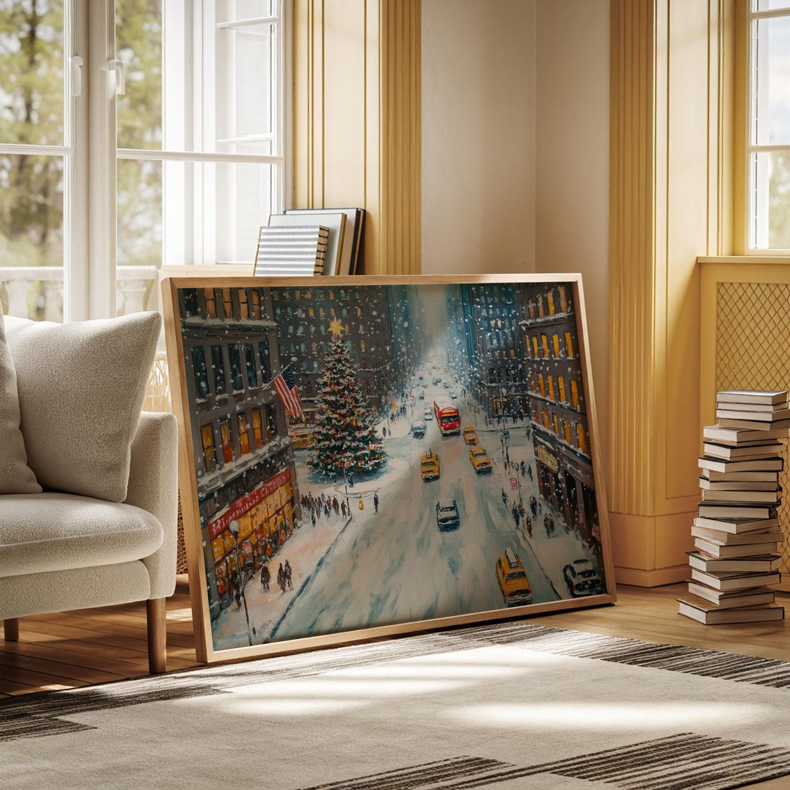 Christmas City Street Winter Scene Canvas Wall Art New York Taxi Snowy Holiday Painting Festive Tree Cityscape Poster