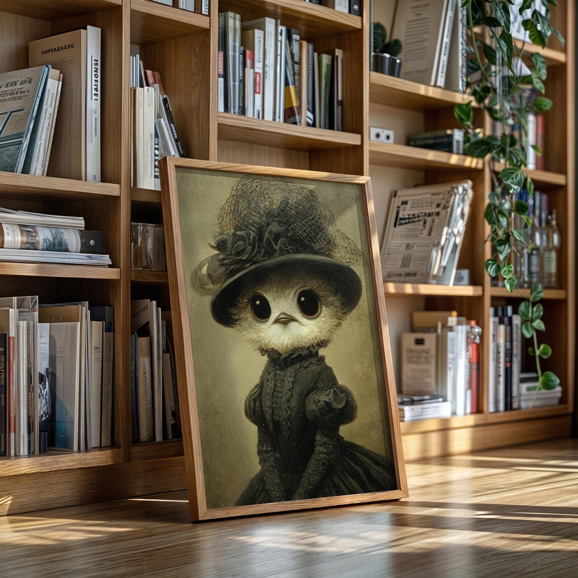 Victorian Baby Owl Portrait in Black Veiled Hat and Dress Cute Gothic Poster