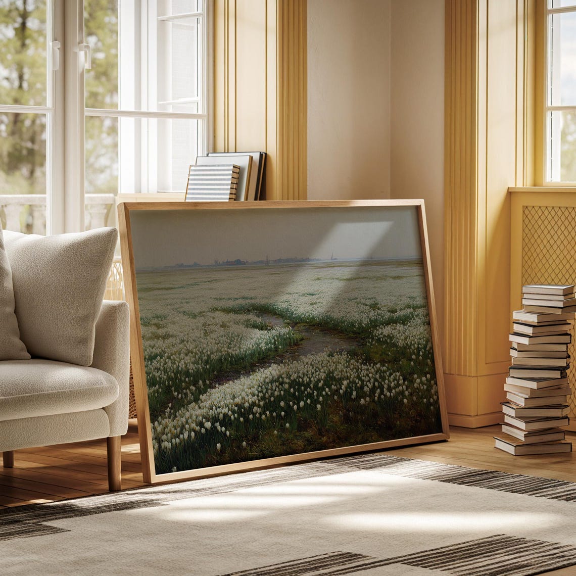 White Tulip Field Blooming Meadow Serene Farmhouse Landscape Wall Art