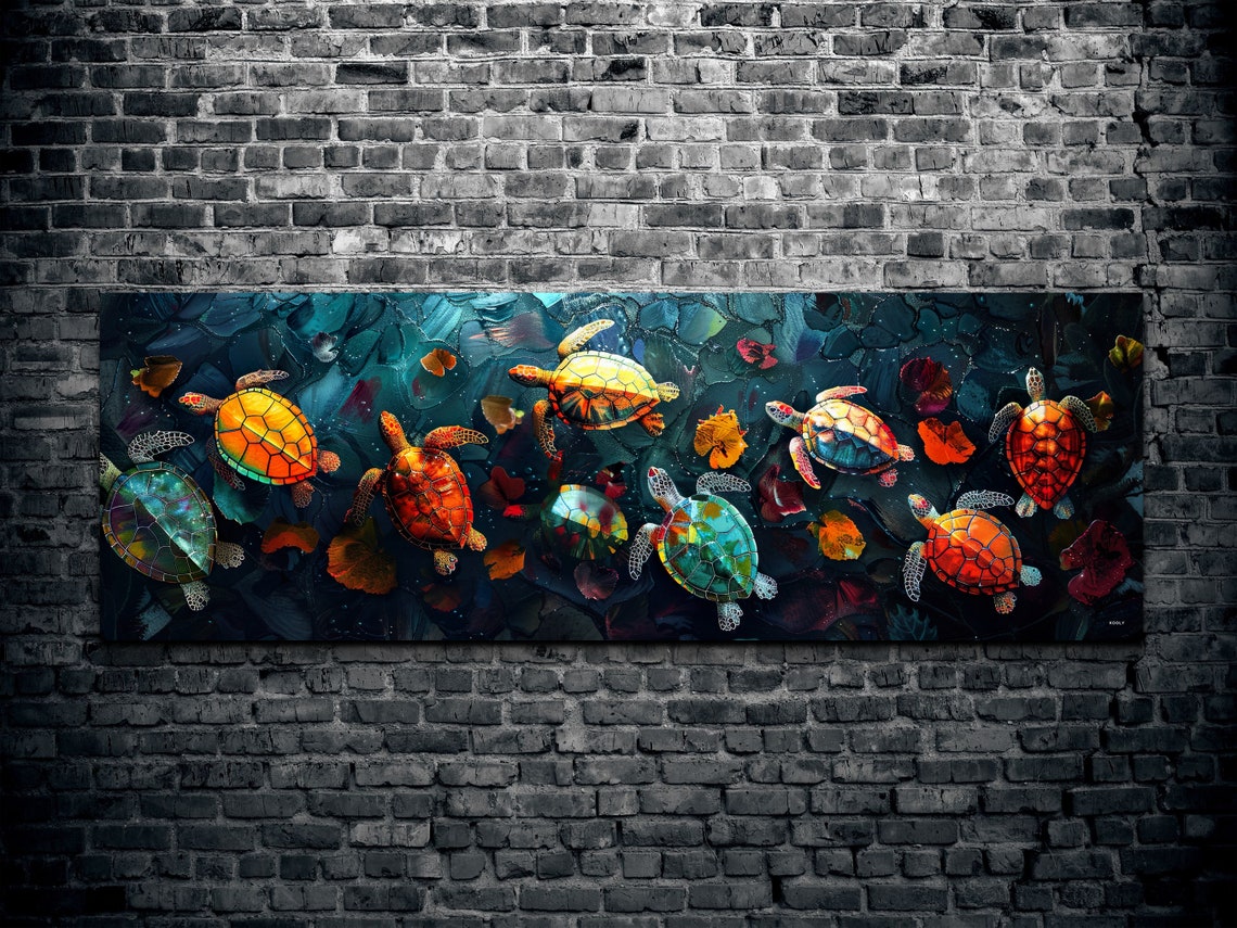 Colorful Painted Sea Turtles Top View Dark Ocean Water Poster - Image 2