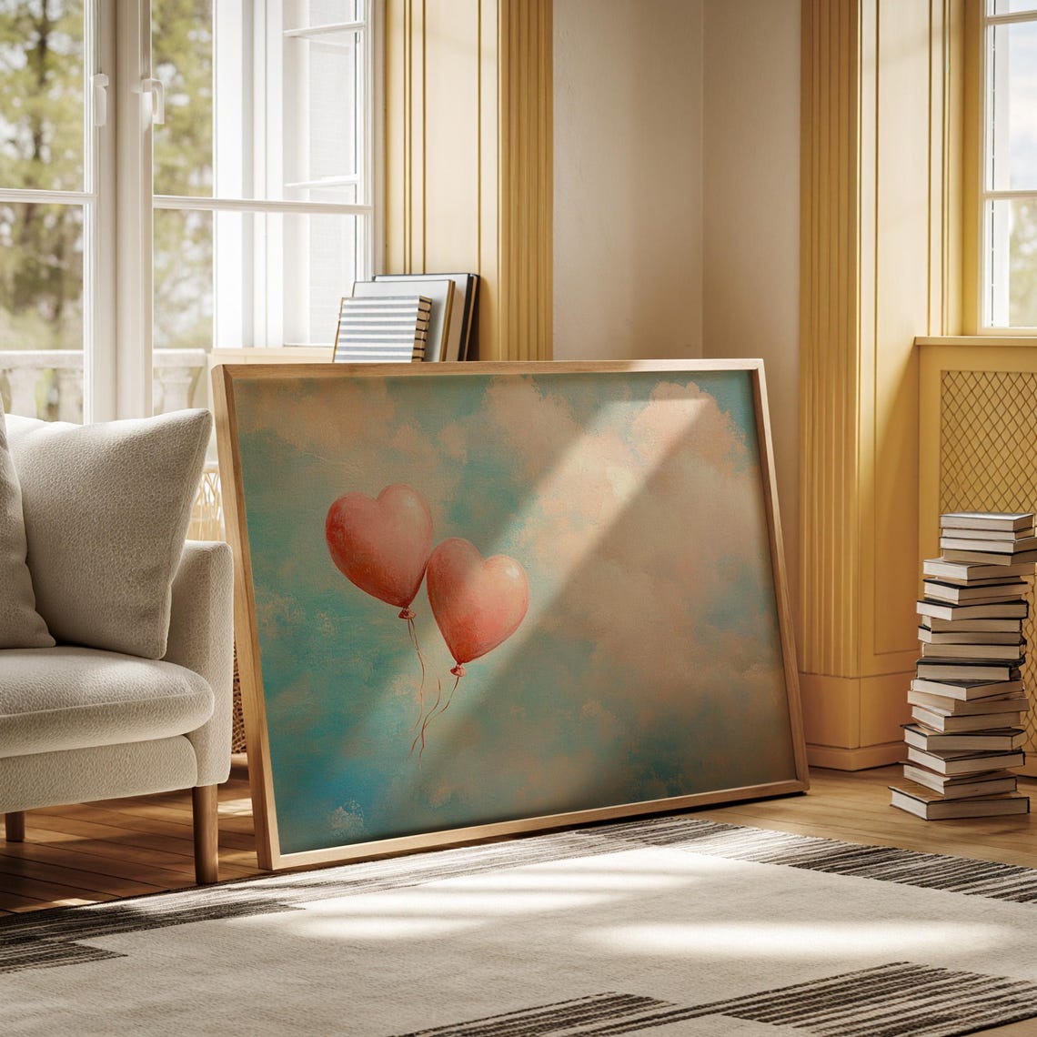 Pink Heart Balloons Floating In Pastel Sky Whimsical Love Cloud Poster - Image 3