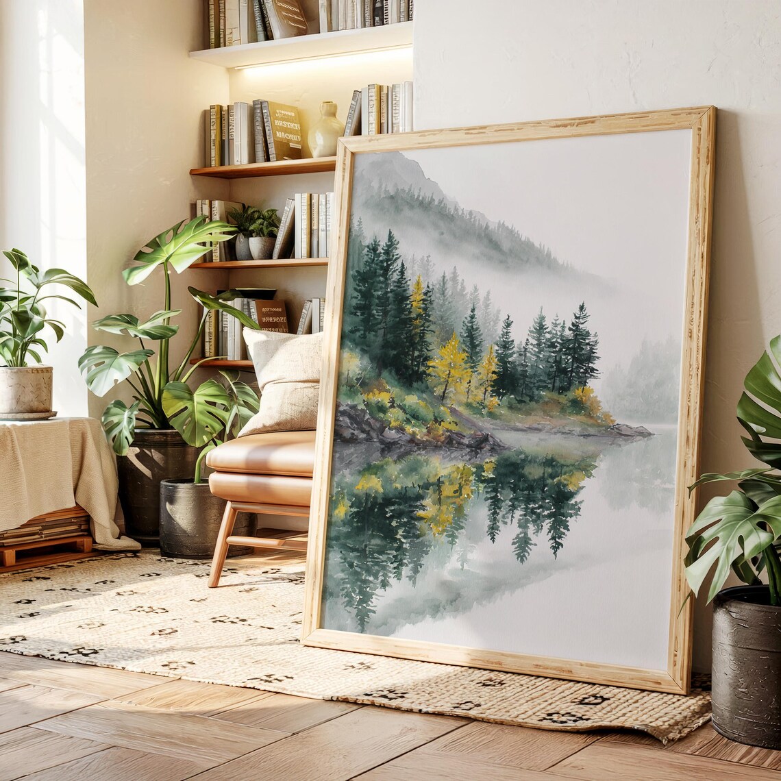 Misty Forest Lake Watercolor Art Print, Mountain Landscape