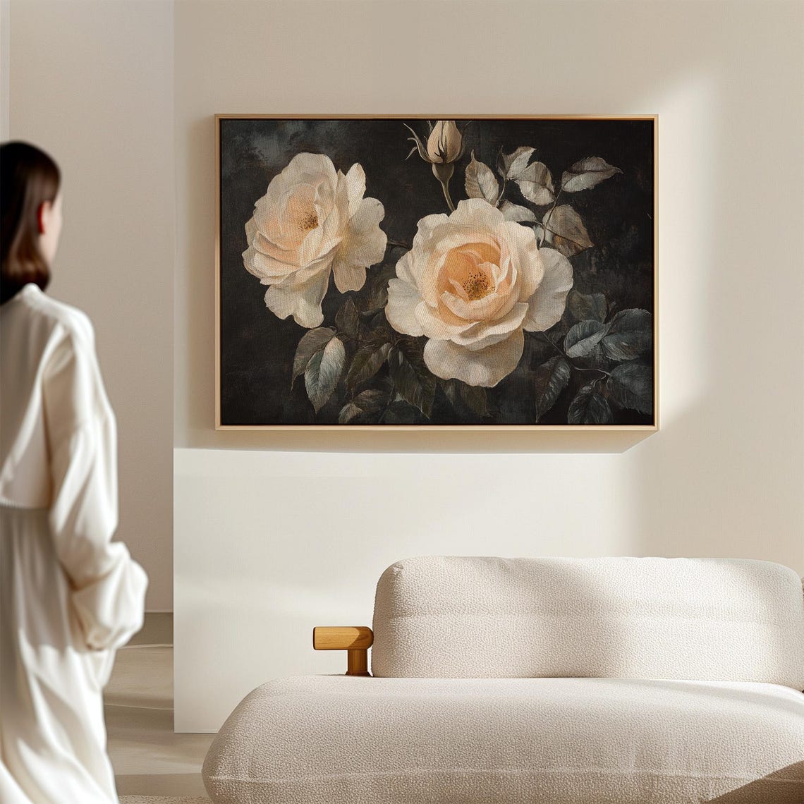 Cream Roses On Dark Background Romantic Vintage Oil Floral Poster - Image 5