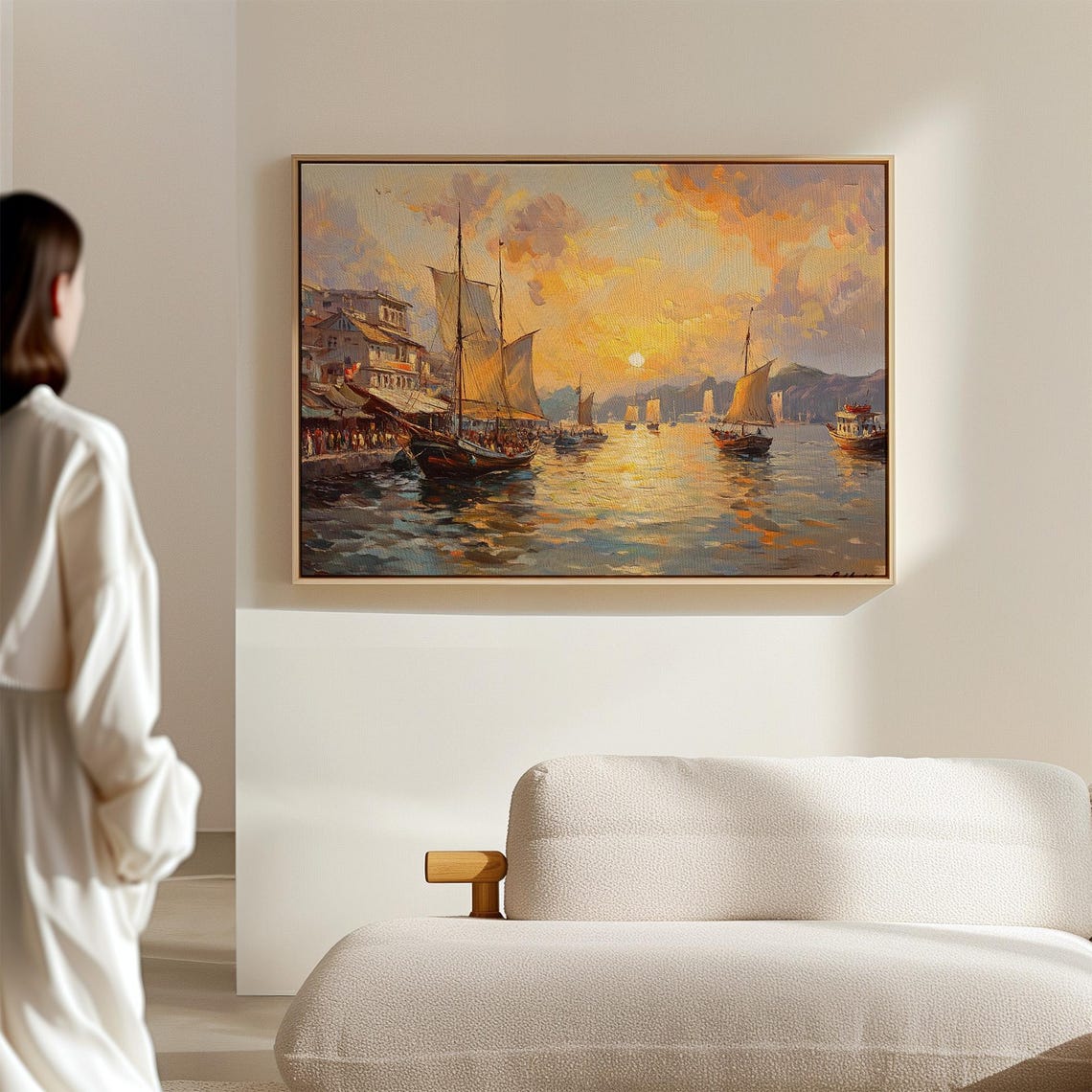 Sailboats Sunset Harbor Bustling Waterfront Vintage Scene Poster - Image 6