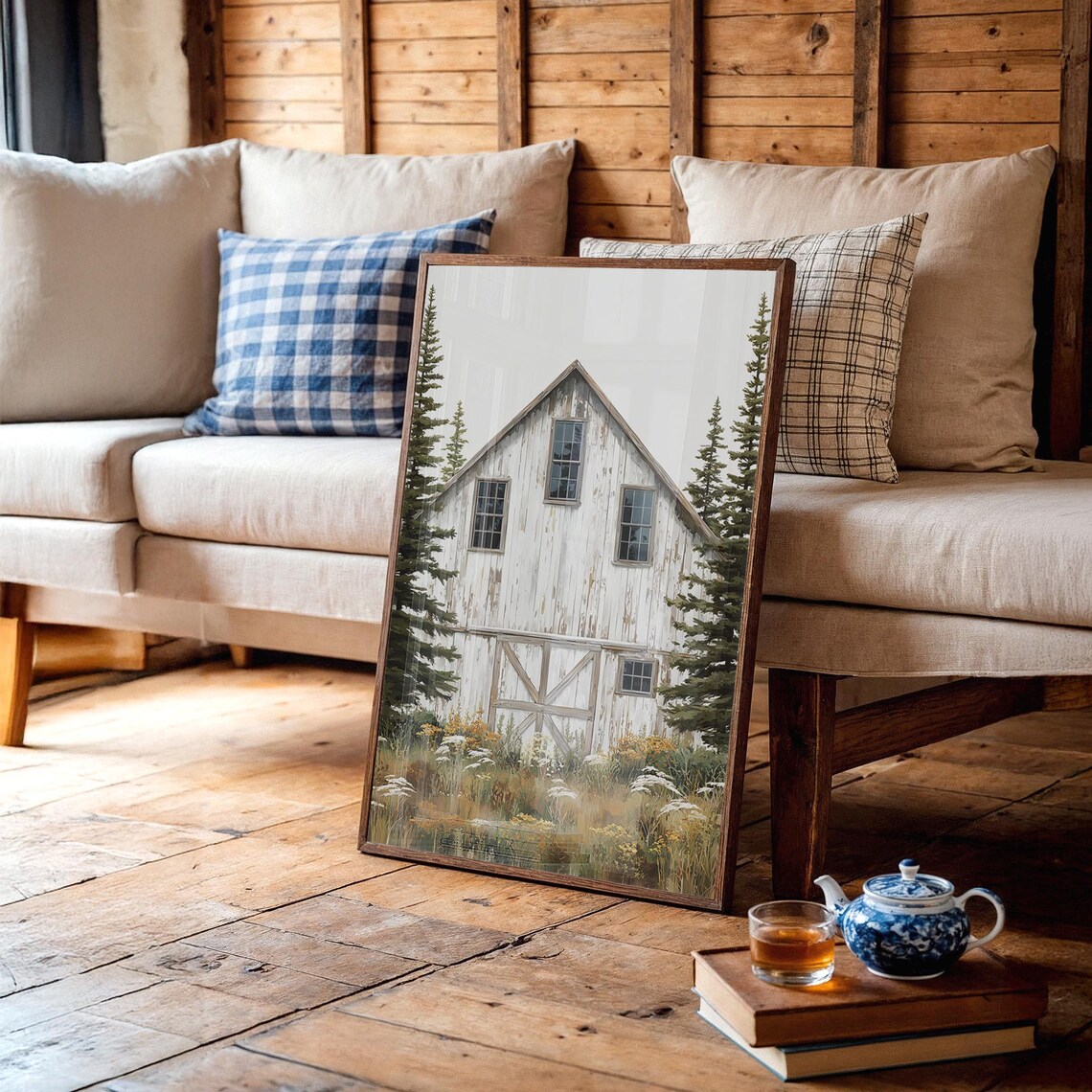 Rustic White Barn In Meadow Farmhouse Art Print