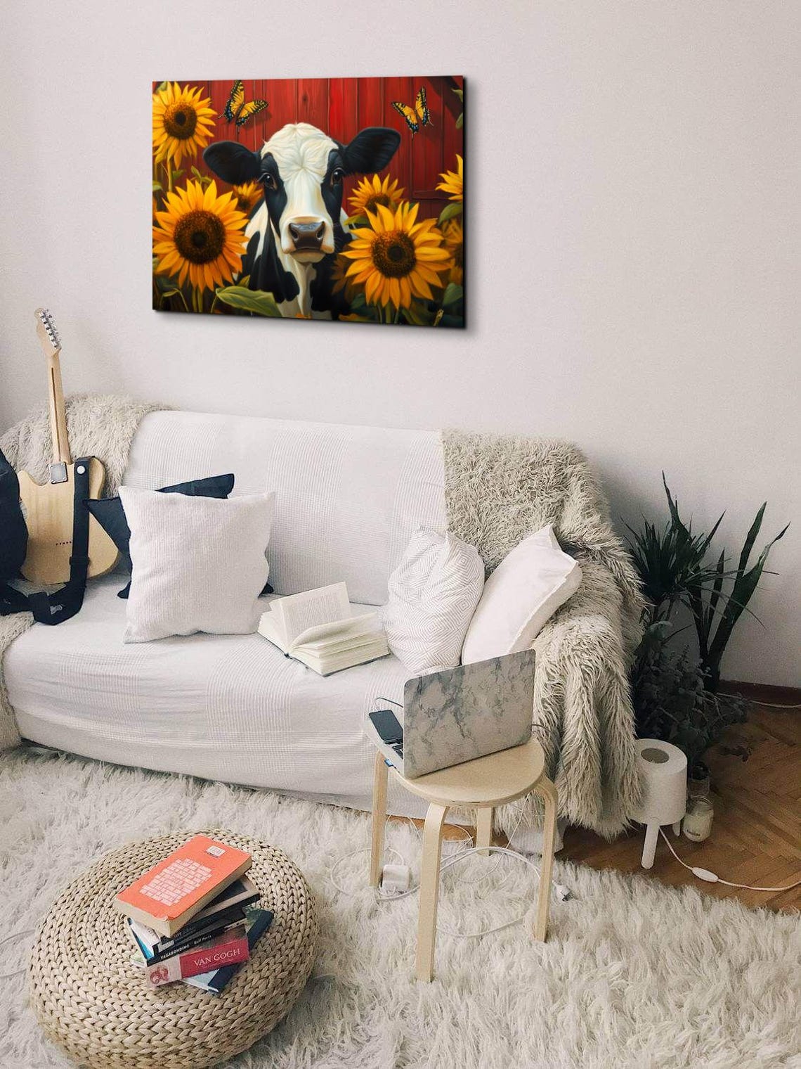 Cow Face Among Sunflowers by Red Barn Butterflies Farm Wall Poster - Image 4