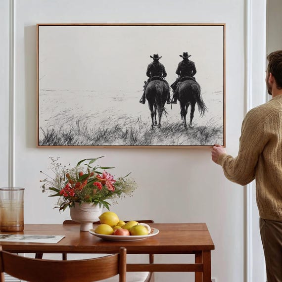 Cowboys On Horseback Western Line Art Print Rustic Black And White Wall Art Country Ranch Decor