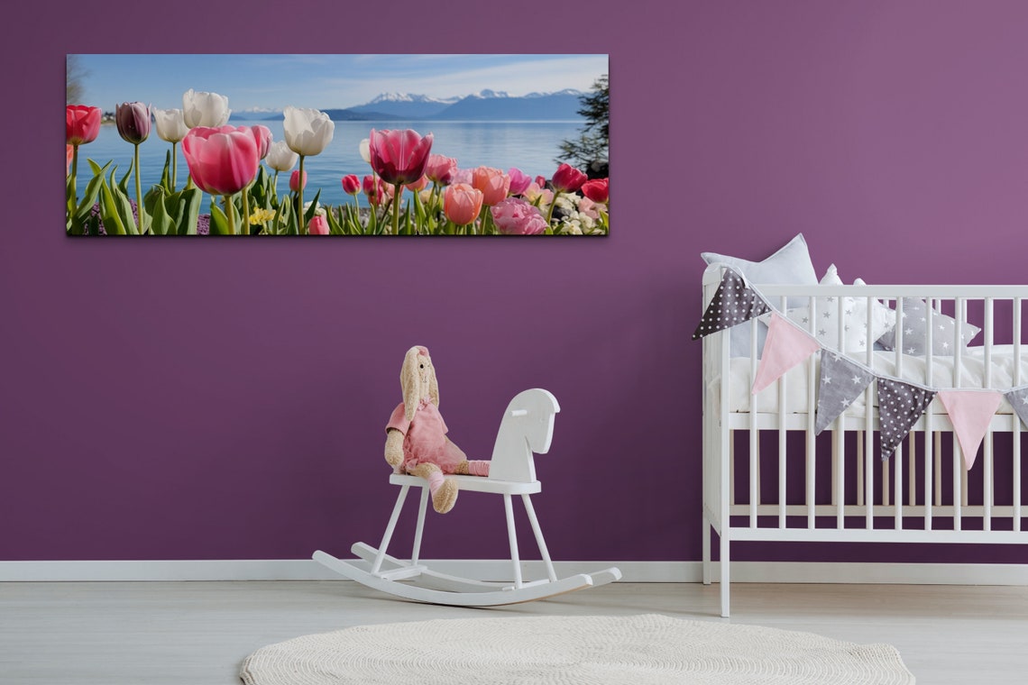 Colorful Tulips Blooming Beside a Lake with Snowy Mountains Poster - Image 5
