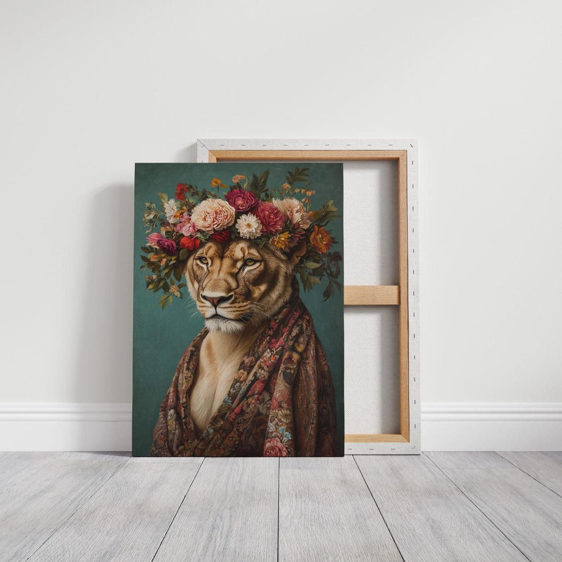 Lioness Wearing Vibrant Flower Crown Floral Shawl Boho Portrait Poster - Image 3