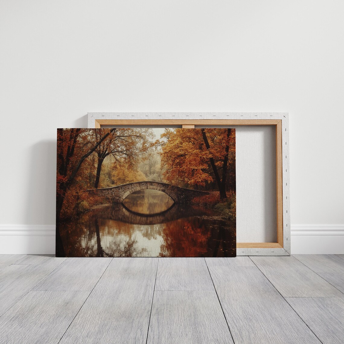 Serene Autumn Bridge, Rustic Forest Landscape Art Print - Image 3