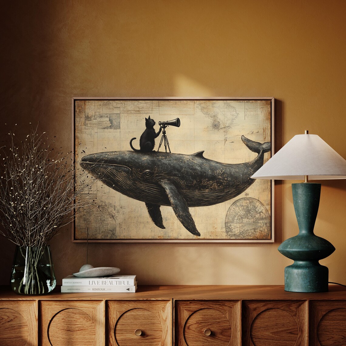 Black Cat With Telescope Riding Whale Surreal Vintage Nautical Animal Poster - Image 3