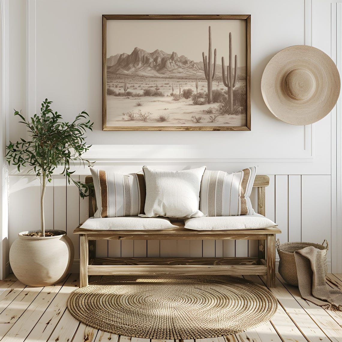 Sepia Desert Landscape with Saguaro Cactus and Mountains Poster