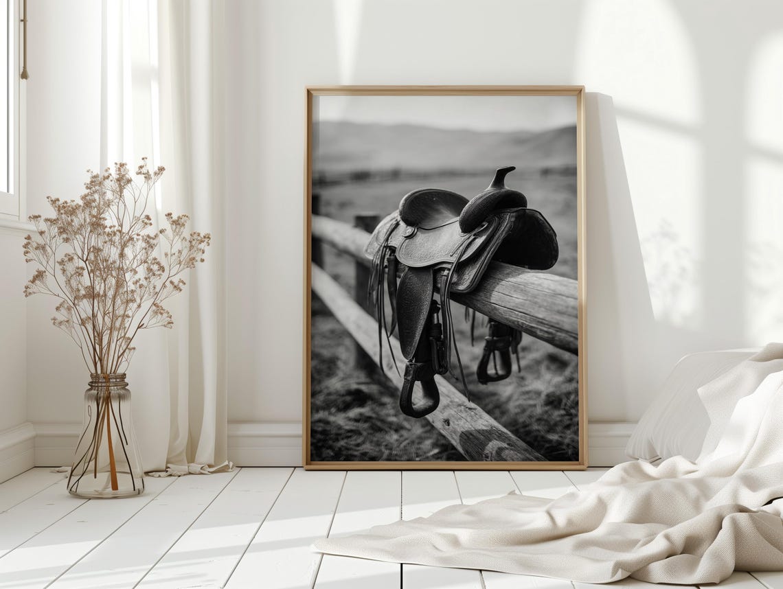 Black And White Western Saddle On Wooden Fence Ranch Photo Print